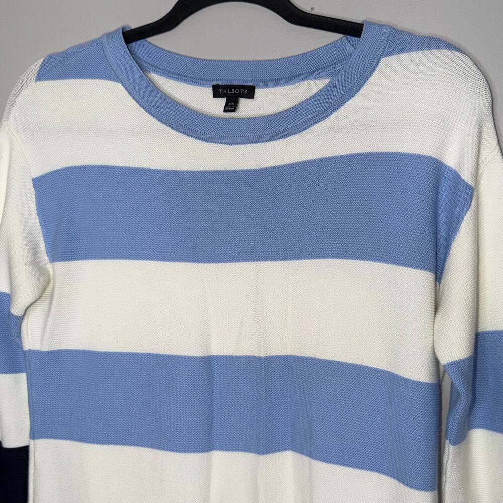 Talbots Womens Size XS Blue Cream Stripe Button Detail Tunic Pullover Sweater